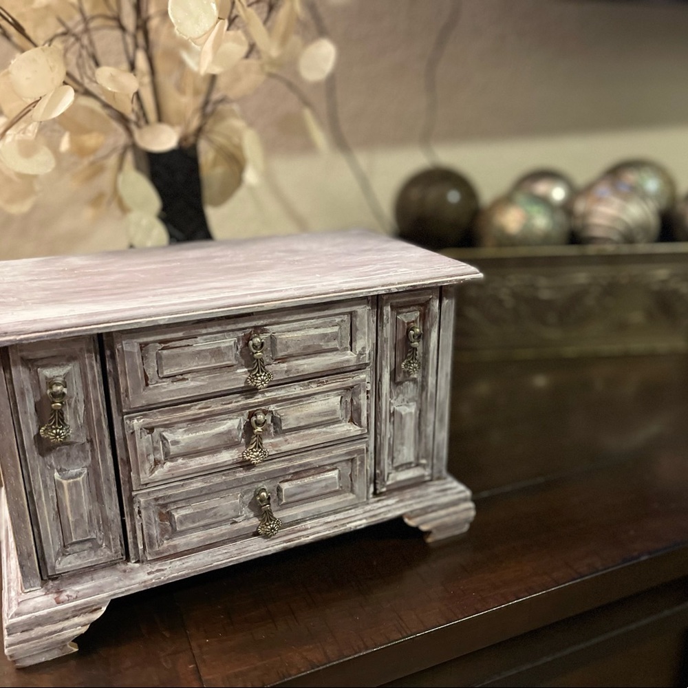 Wooden Jewelry Box Organizer in Distressed White - Classic Storage Chest